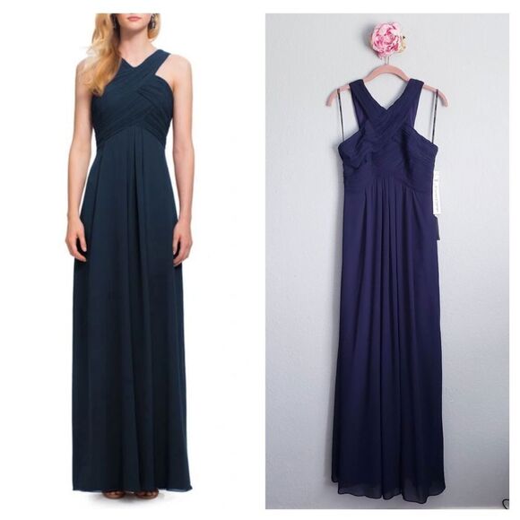Levkoff Crisscross‎ Neck Chiffon A-line Navy Gown - Picture 1 of 7